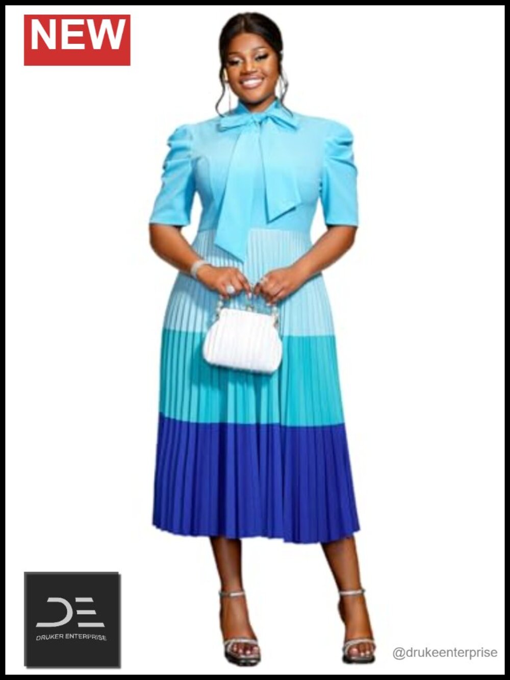 A-Line Midi Dress Bowtie Neck Half Sleeve High Waist Pleated Office